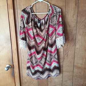 WinWin Colorful Chevron Print Tunic Top Lace 3/4 Sleeve Boho Size L/XL